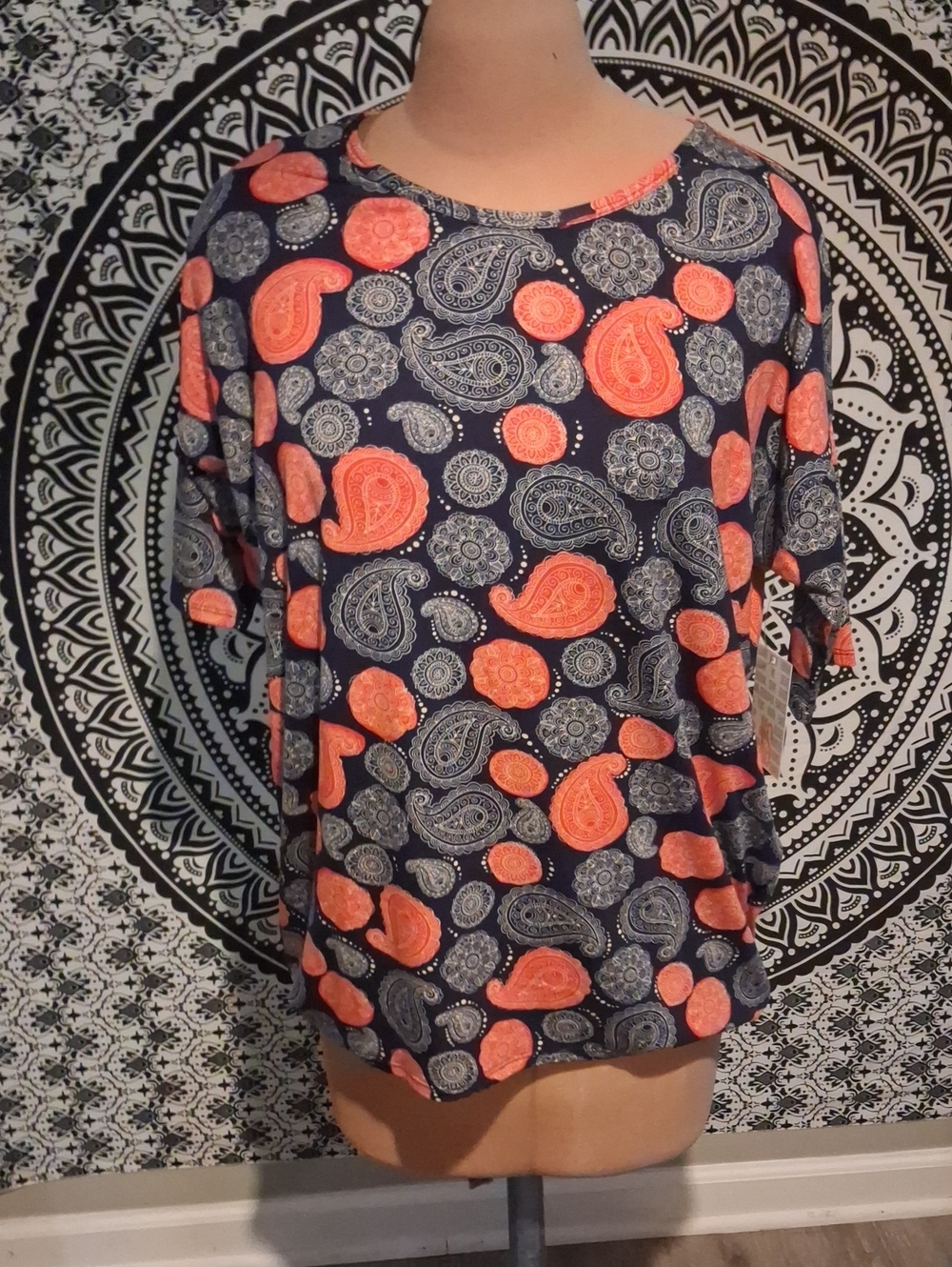 LuLaRoe Navy Long Sleeve Top with Coral Paisley Print